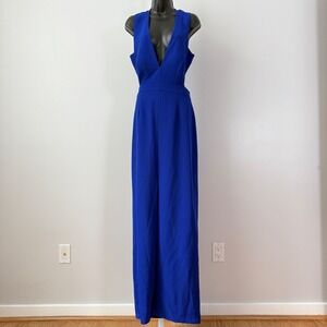 Aidan Mattox Royal Blue V Neck Criss Cross Back Wide Leg Jumpsuit Women US 12
